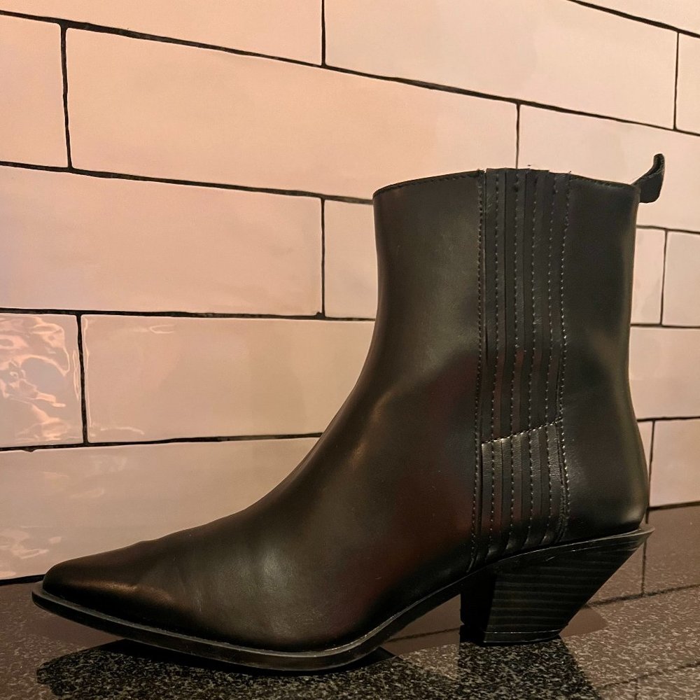 Zara Black Leather Cowboy-Style Ankle Boots